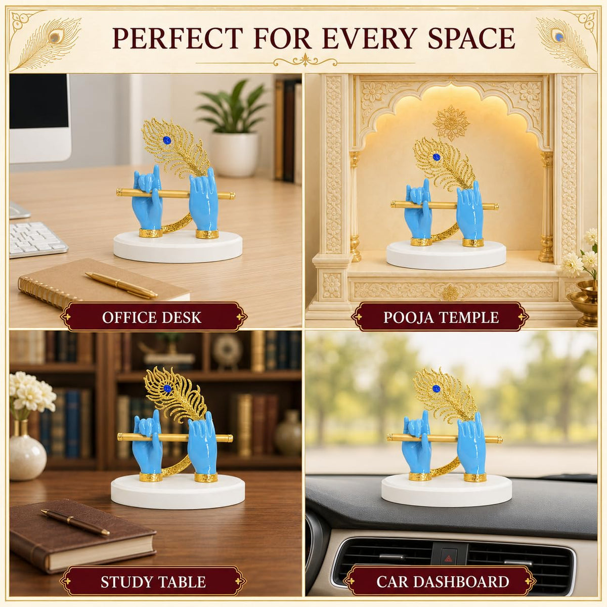 Goldplated Krishna Hand with Flute Idol Peacock Feather Mor Pankh Showpiece,Housewarming Gift, Birthday Anniversary Wedding Janmashtami Gift,Home Decor Decoration Items for Living Room