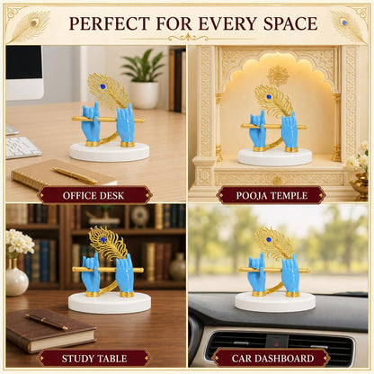 Goldplated Krishna Hand with Flute Idol Peacock Feather Mor Pankh Showpiece,Housewarming Gift, Birthday Anniversary Wedding Janmashtami Gift,Home Decor Decoration Items for Living Room