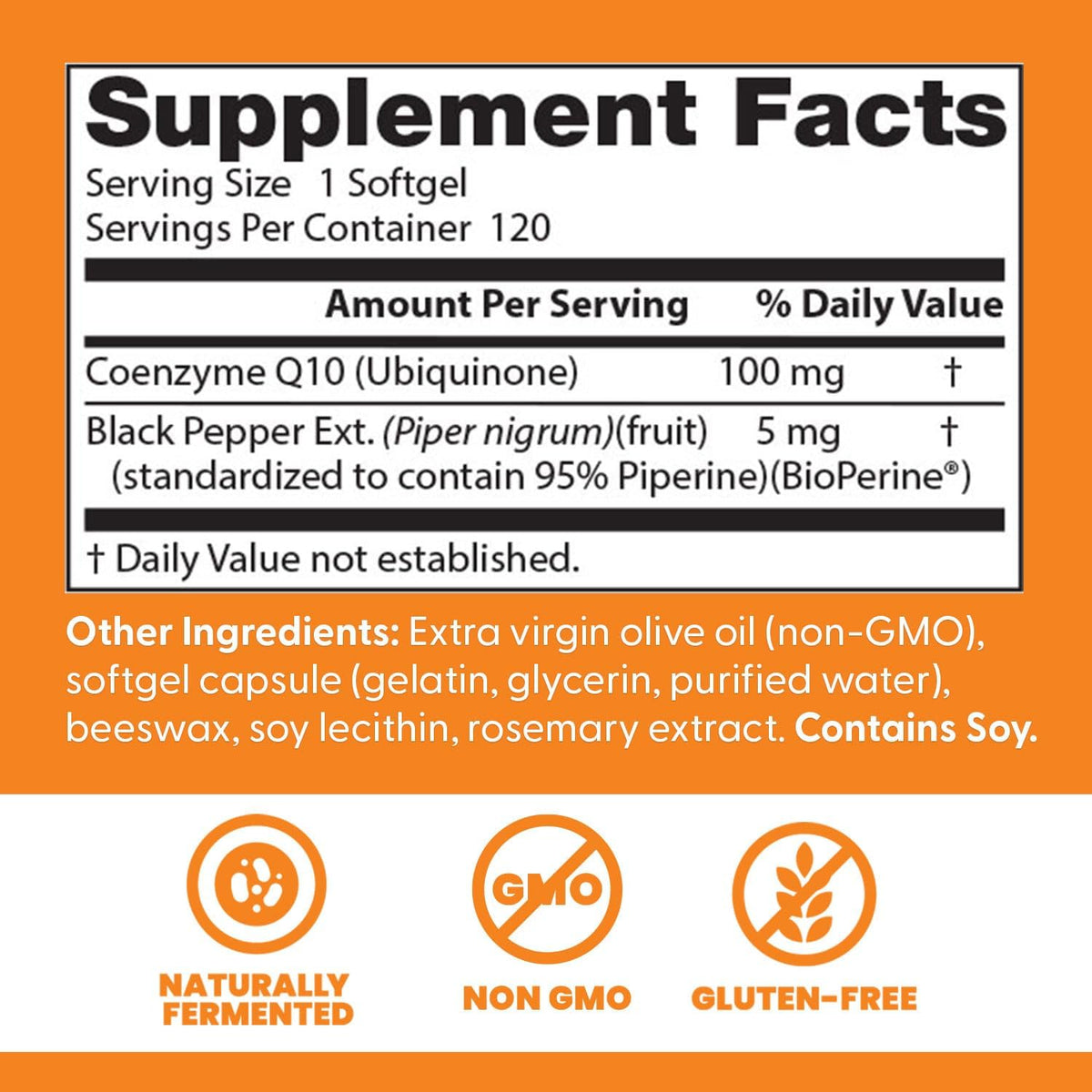 Supplement facts label with Coenzyme Q10 and Black Pepper Ext. on an orange background