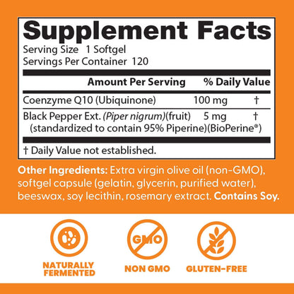 Supplement facts label with Coenzyme Q10 and Black Pepper Ext. on an orange background