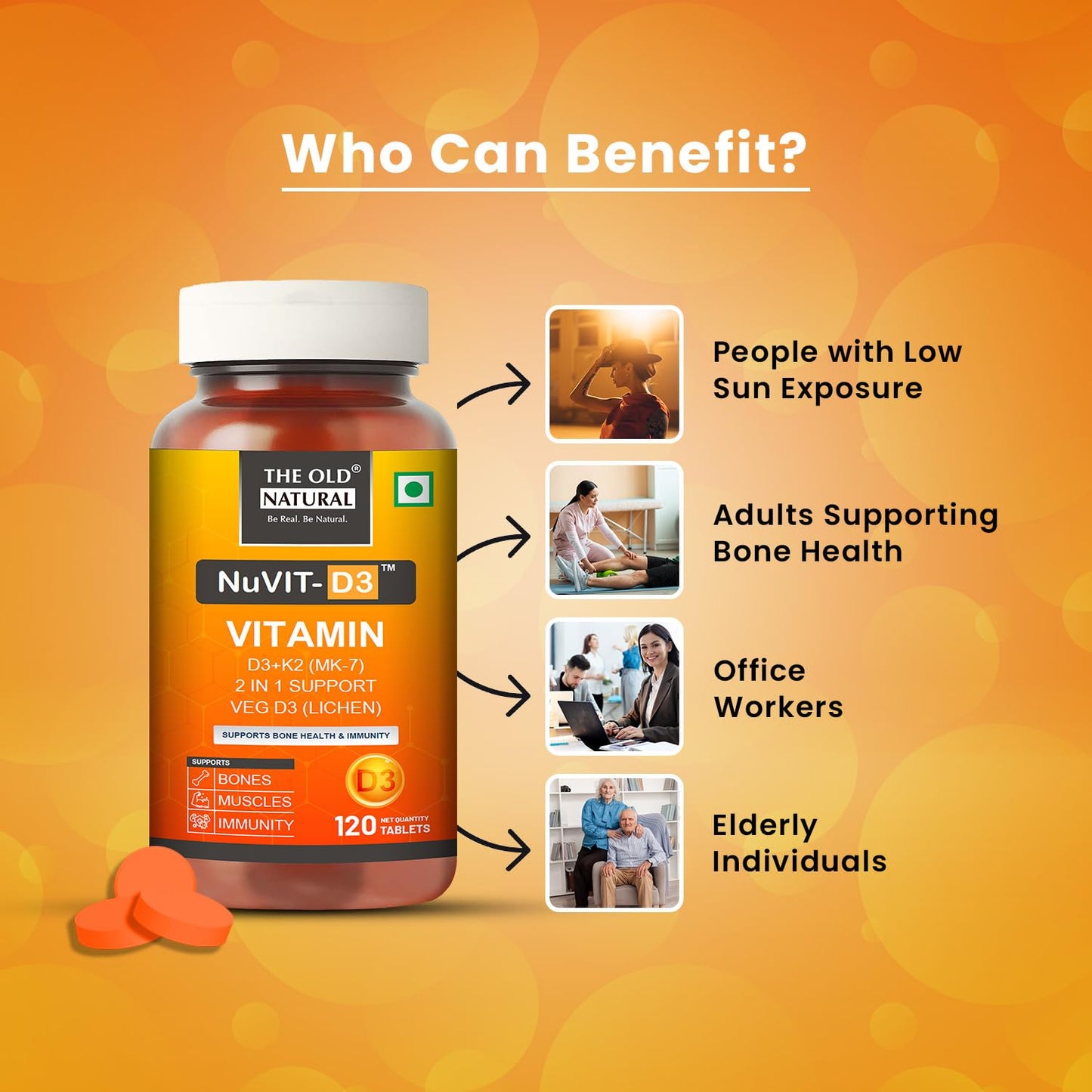 The Old Natural Nuvit-D3, Vitamin D3 K2 MK7 Tablets, Vitamin D3 (Lichen) + K2 for Bone Strength & Calcium Absorption, Heart & Immunity Support, High Absorption Formula (120 Tablets)