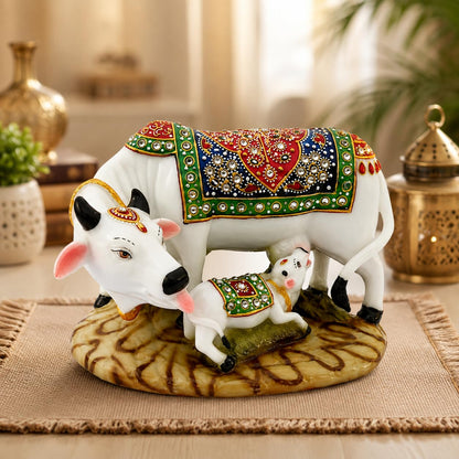 Decorative Marble Dust Cow & Calf Showpiece, Handicraft Gift Item, Resin Cow_Idol Statue (Regular Quality)