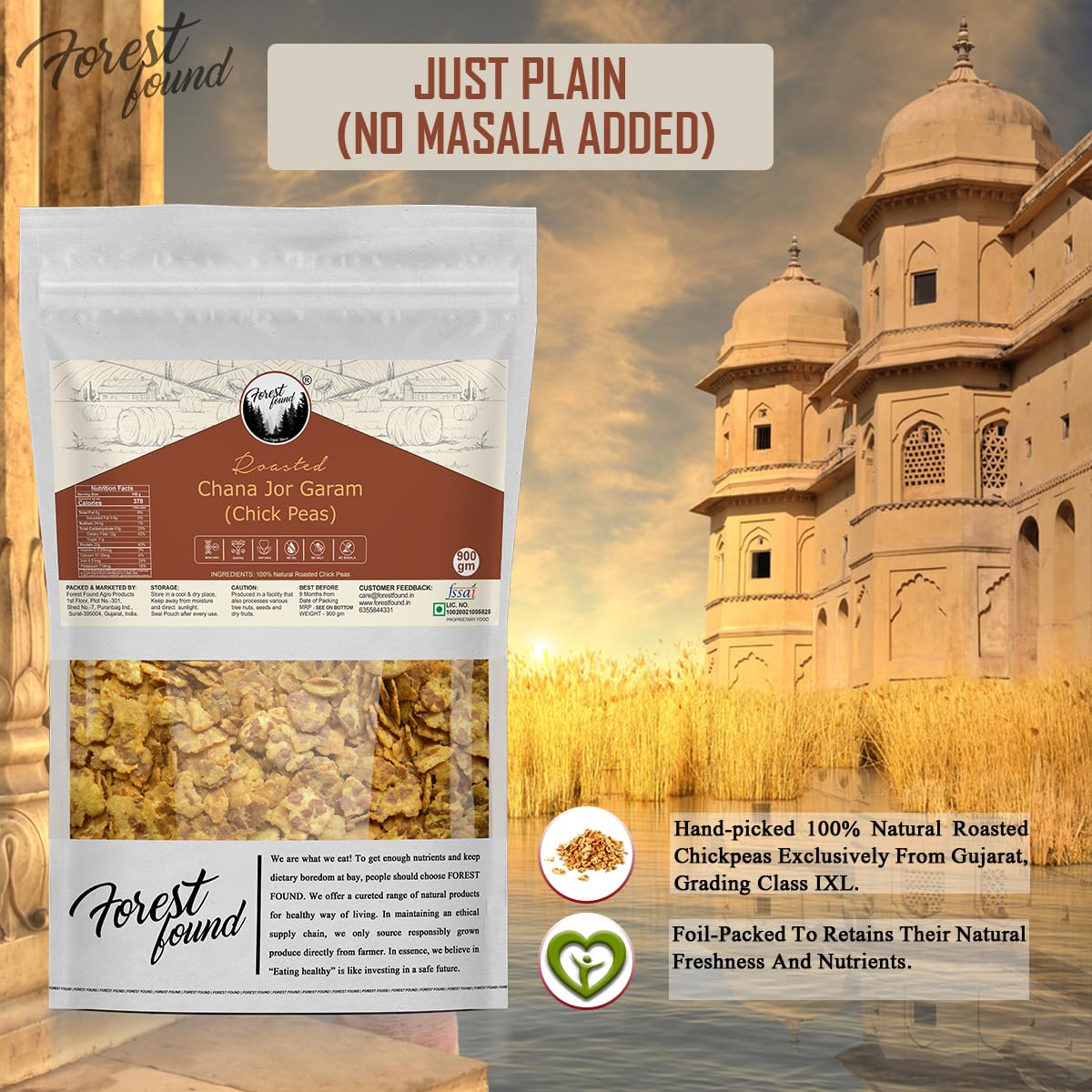 Forest Found Black Chana Jor Garam | Vacuum Roasted Gluten Free & Low Fat Healthy Snacks | No Salt No Masala Diet Namkeen Vegan Protein Roasted Bengal Gram - 900g (Pack of 1)