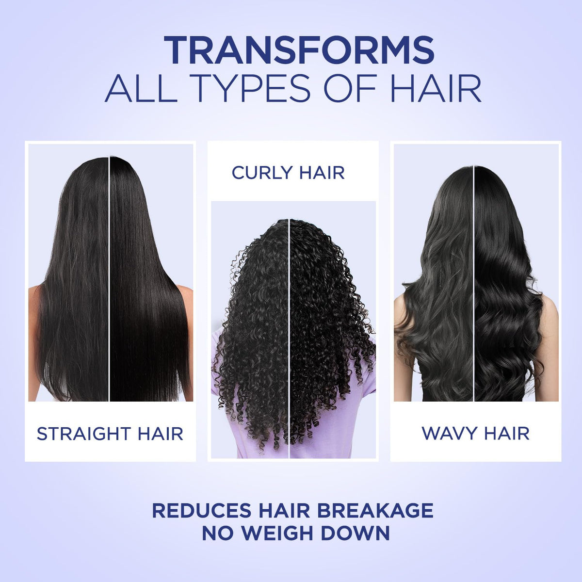 Advertisement showing hair transformation for different hair types on a light purple background.