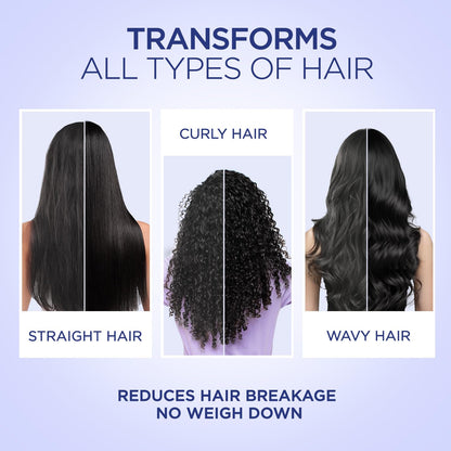 Advertisement showing hair transformation for different hair types on a light purple background.
