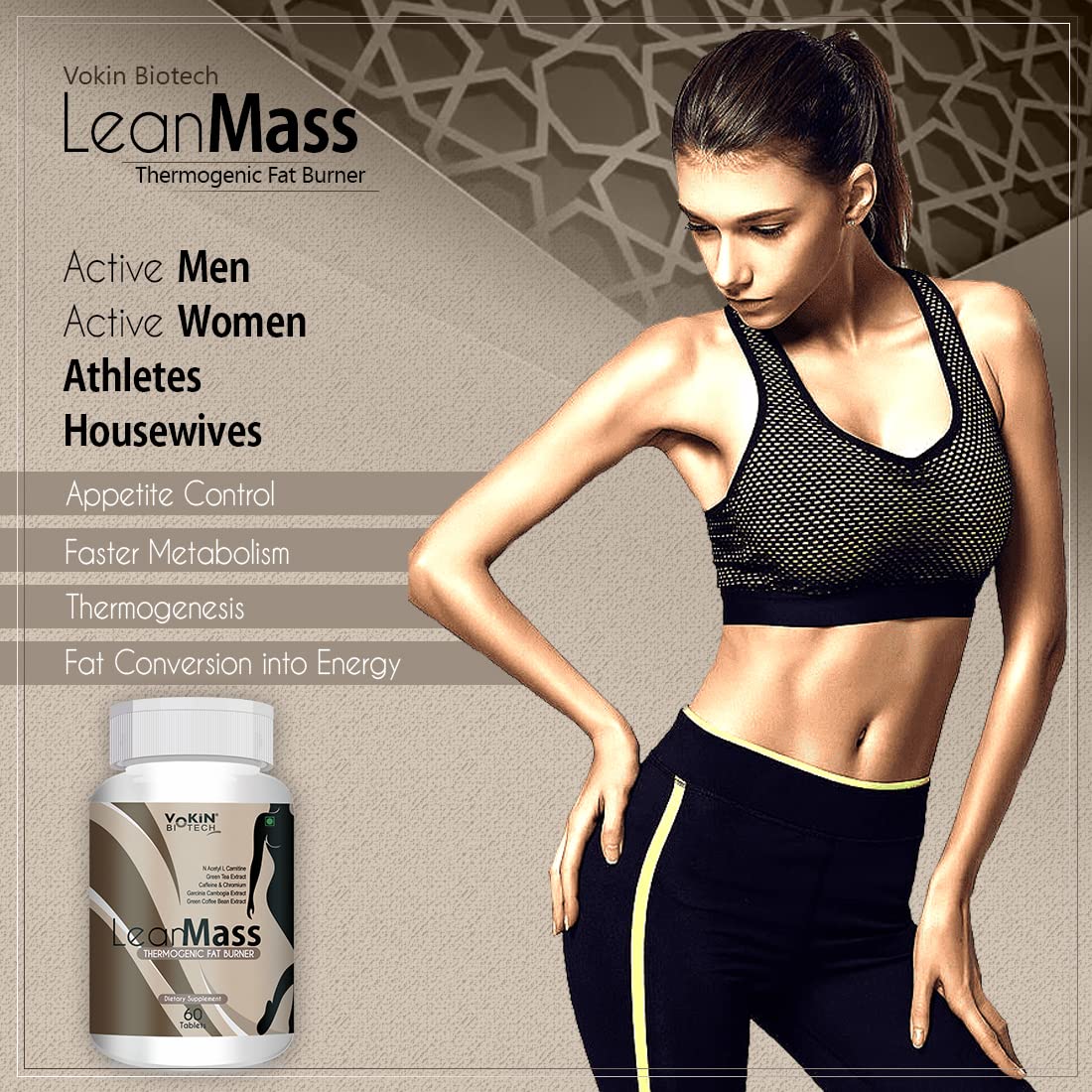 Advertisement for LeanMass thermogenic fat burner with a woman in athletic wear on a beige background.