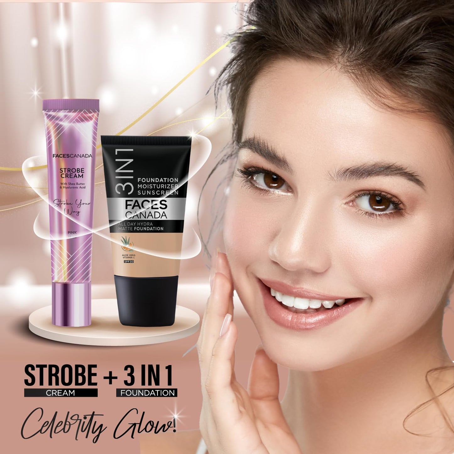 FACES CANADA Strobe Cream Mini- Pink, 18ml | Primer + Highlighter + Moisturizer | Shea Butter & Hyaluronic Acid | Intense Hydration | Flawless Radiant Dewy Skin | Illuminating & Glowing Makeup Base