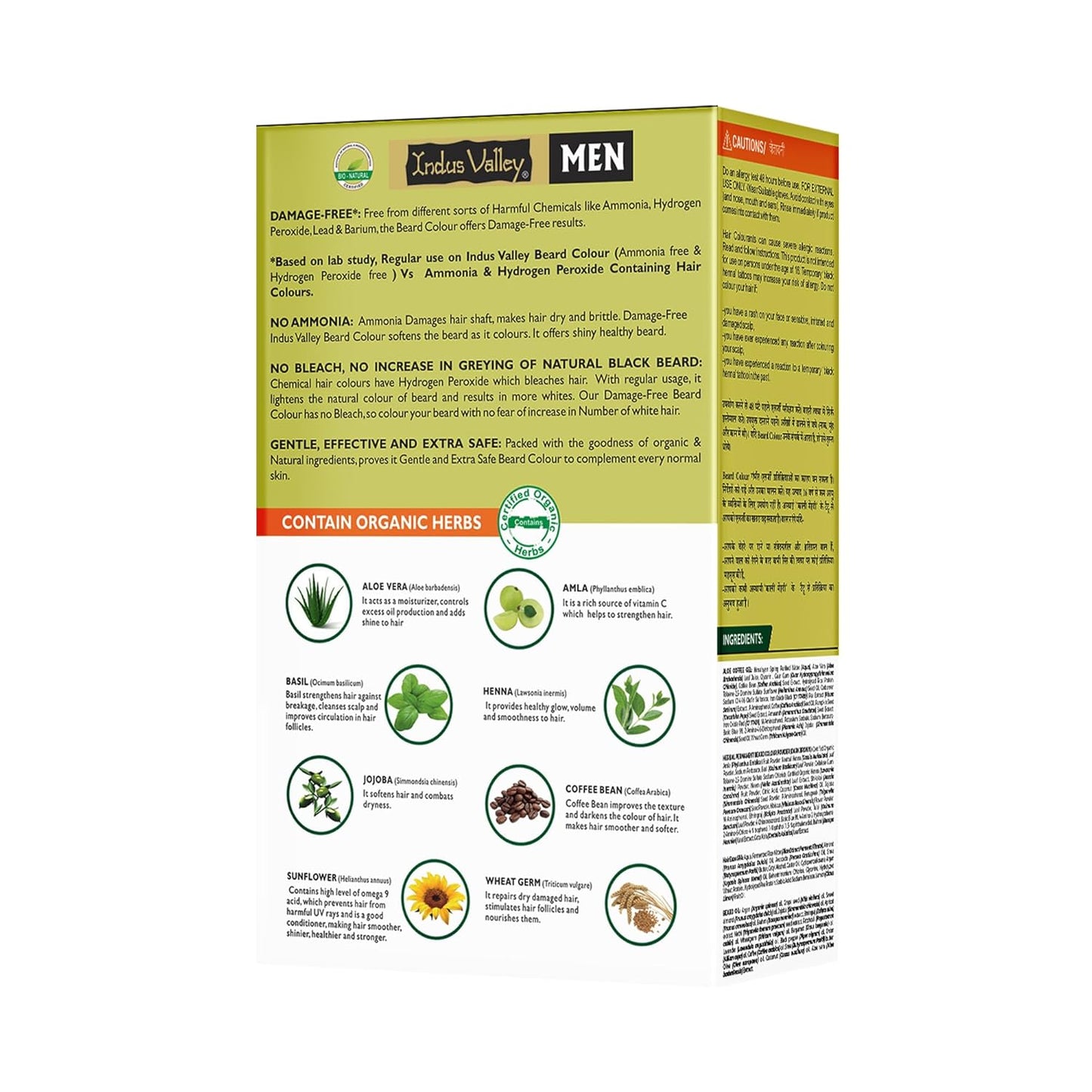 Product packaging with text and images of herbs on a white background