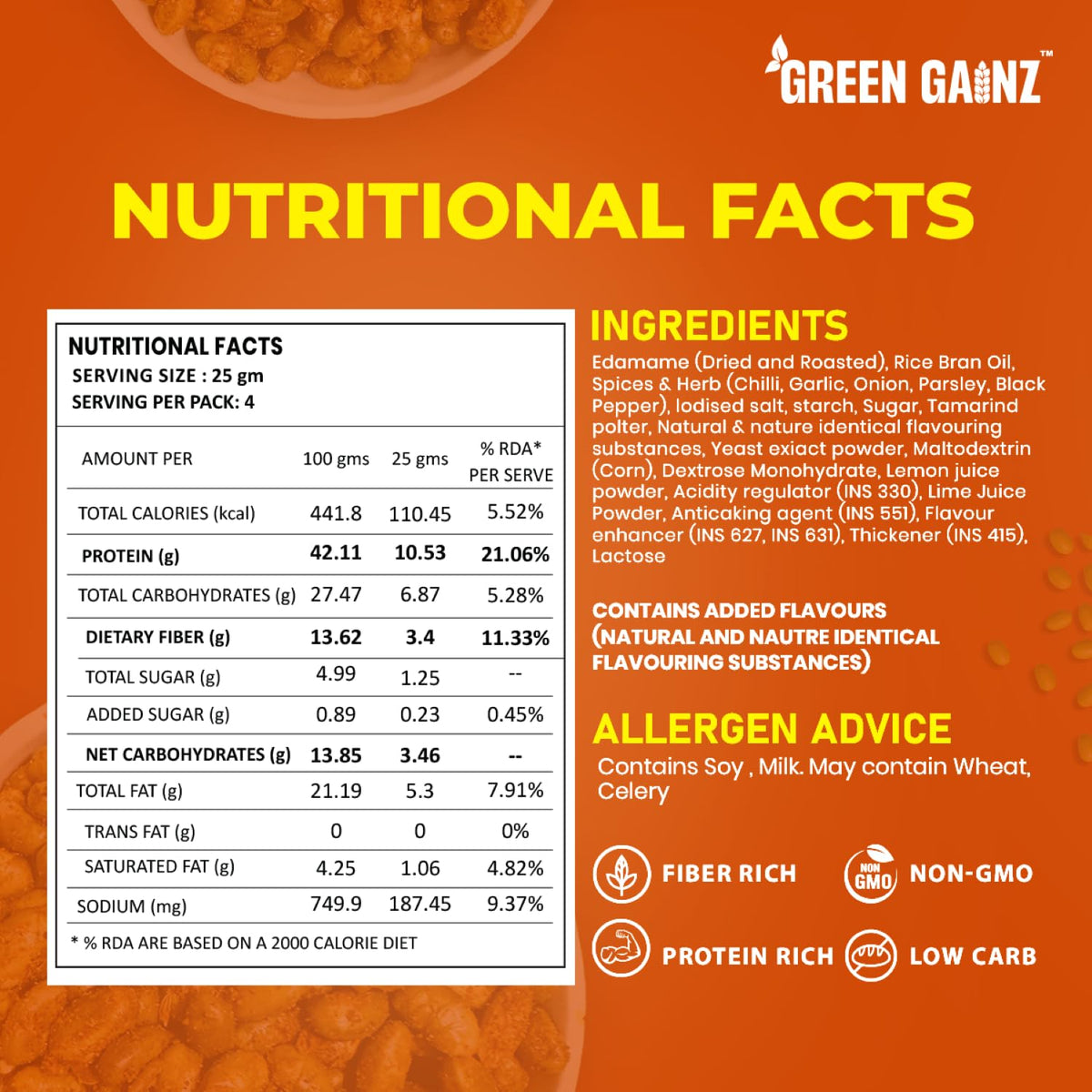 Green Gainz Roasted Edamame Peri Peri Limon Flavour 100gm | Healthy Namkeen Snacks | 100% Veg High Protein Snack | Fiber Rich | No Palm Oil | Roasted, Not Fried