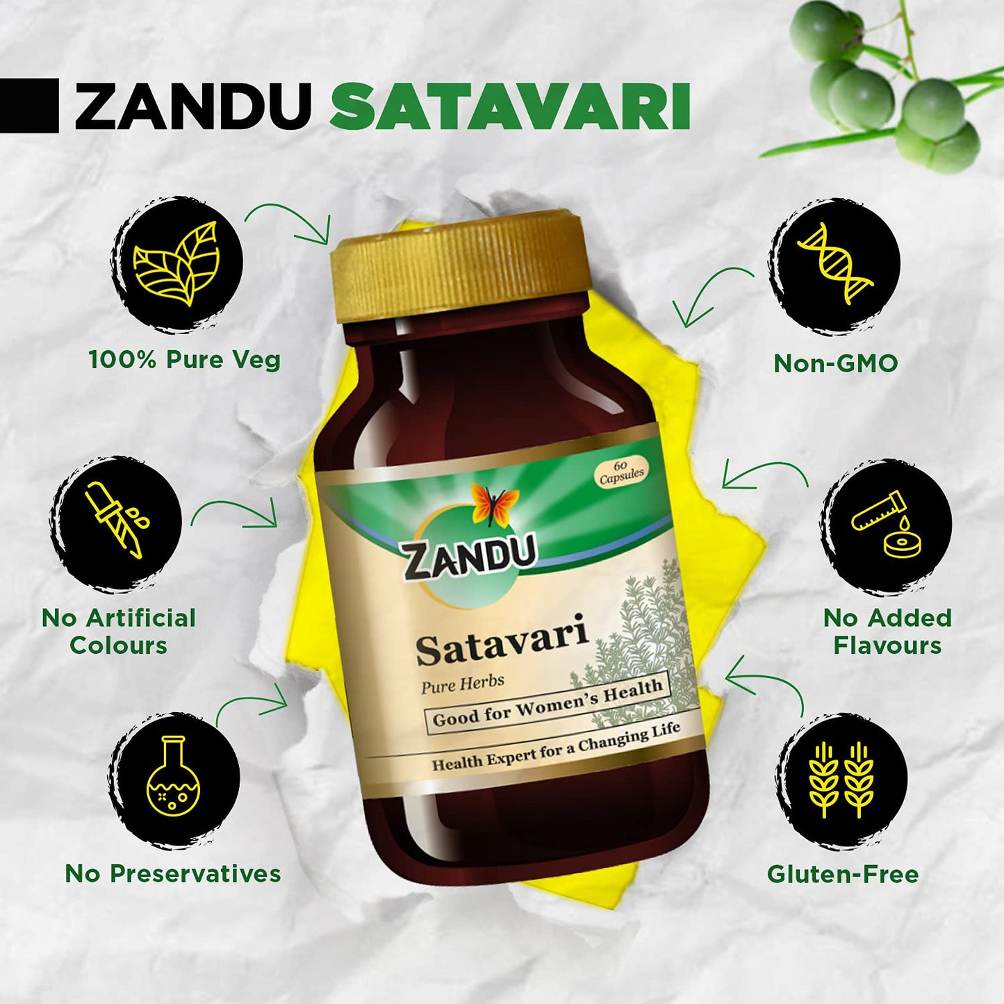Zandu Satavari Capsules, With Natural Satavari Extracts, Useful for Women's Wellness - 60 Veg Capsules