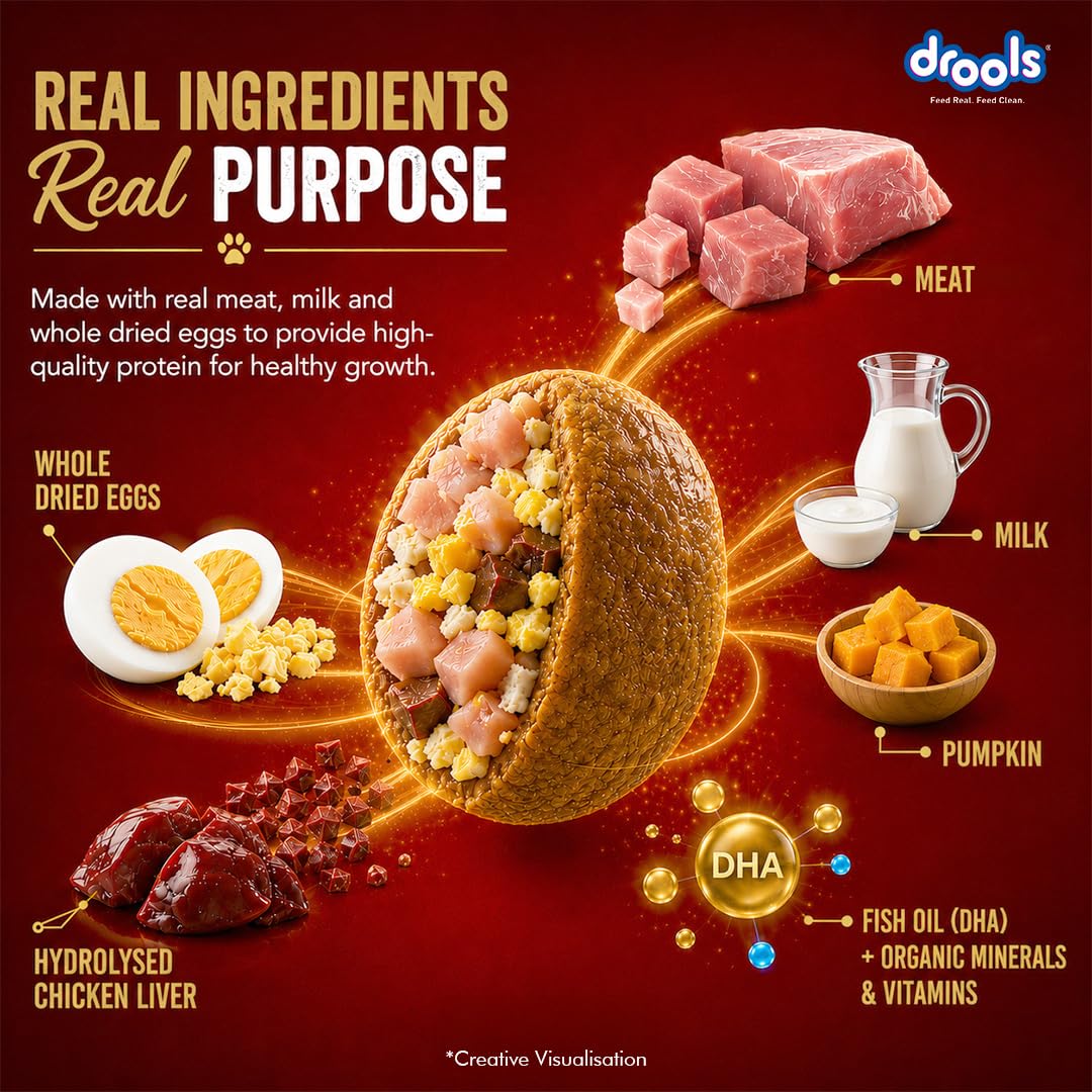 Drools Puppy Dry Dog Food 1kg | Meat and Milk Flavour | Supports Healthy Brain Development and Cognitive Function | Antioxidants | Chelated Minerals | Better Bioavailability of Minerals