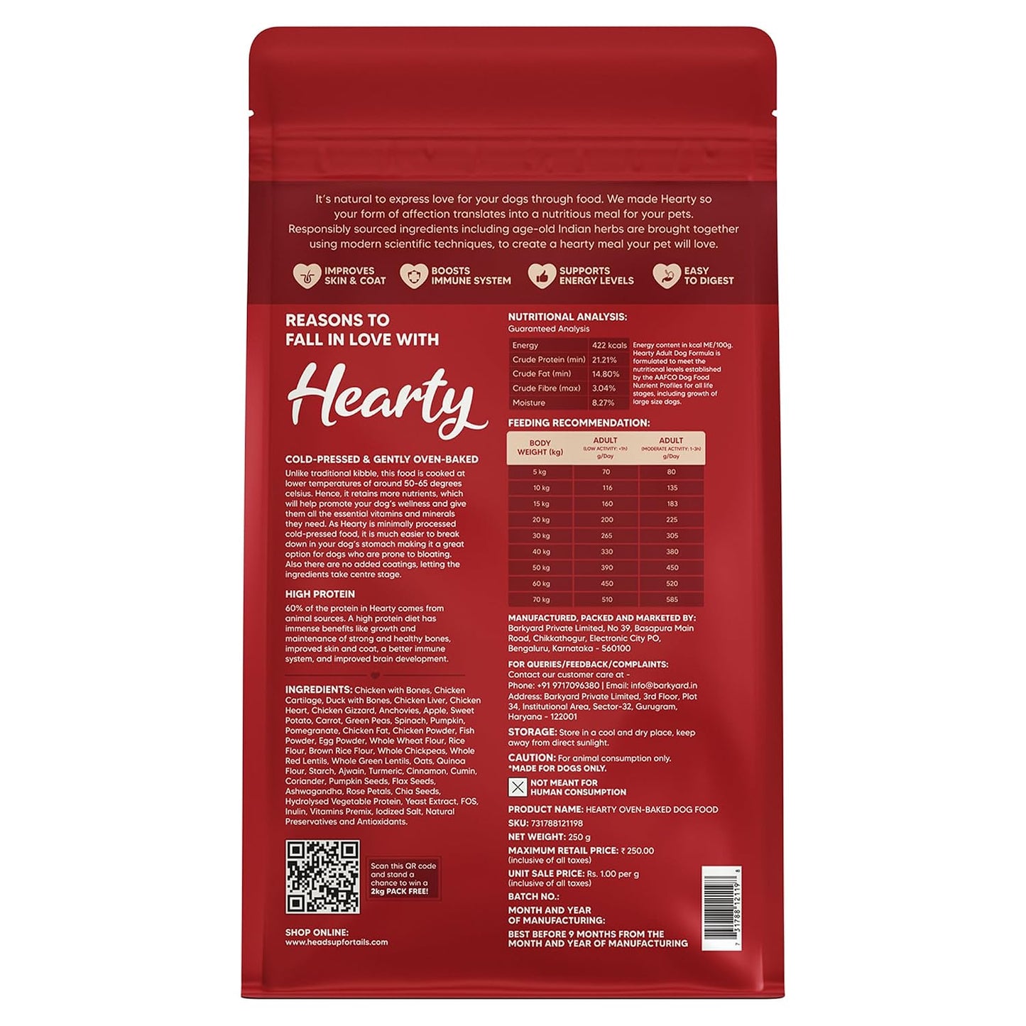 Hearty by HUFT Dry Dog Food for Adult Dogs | Oven-Baked Chicken & Duck with Brown Rice - 250 Gm | Natural, Complete & Balanced Pet Food | No Soy, Corn, GMO