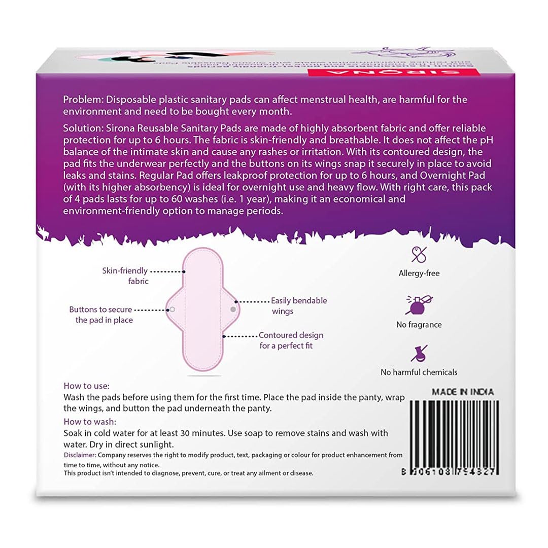 Back view of Siron reusable sanitary pads packaging with text and illustrations.