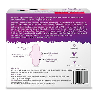 Back view of Siron reusable sanitary pads packaging with text and illustrations.