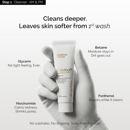 Personal Touch Complete Trial Kit – Dry Defence Therapy for Dry & Sensitive Skin | Cetabath Face Cleanser, Snail Mucin Serum, Skindam Barrier Repair Moisturizer & SPF 50 Sunscreen