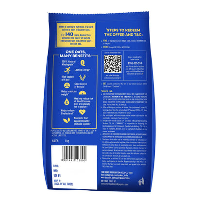 Quaker Oats 1Kg, Rolled Oats Natural Wholegrain, Nutritious Breakfast Cereals, Dalia Porridge, Easy To Cook, Honey