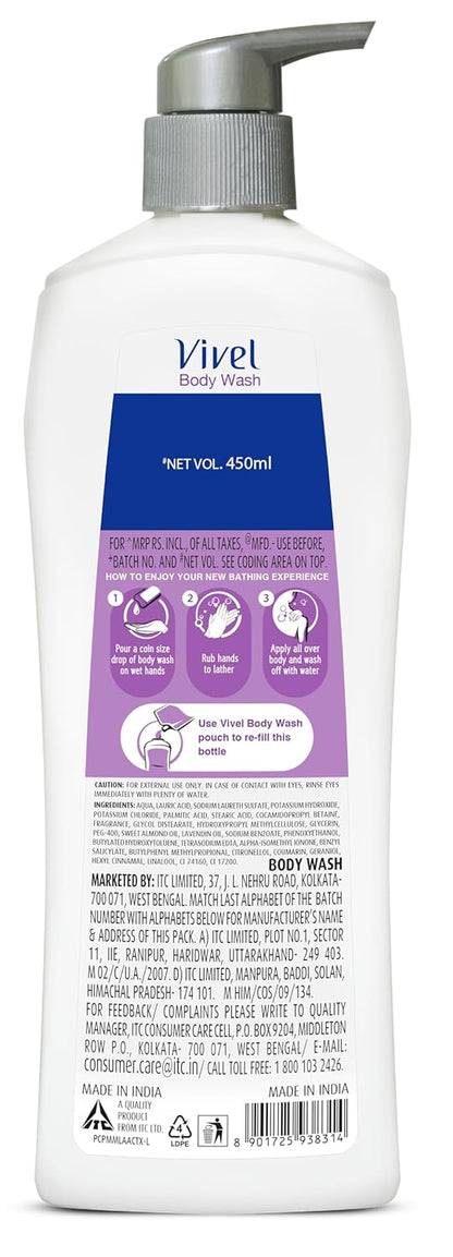 Vivel Fragrant Body Wash, Lavender & Almond Oil Shower Gel, 450 ml Pump Bottle, Moisturizing Bodywash For Soft & Smooth Skin, Effective Cleansing, For Women & Men