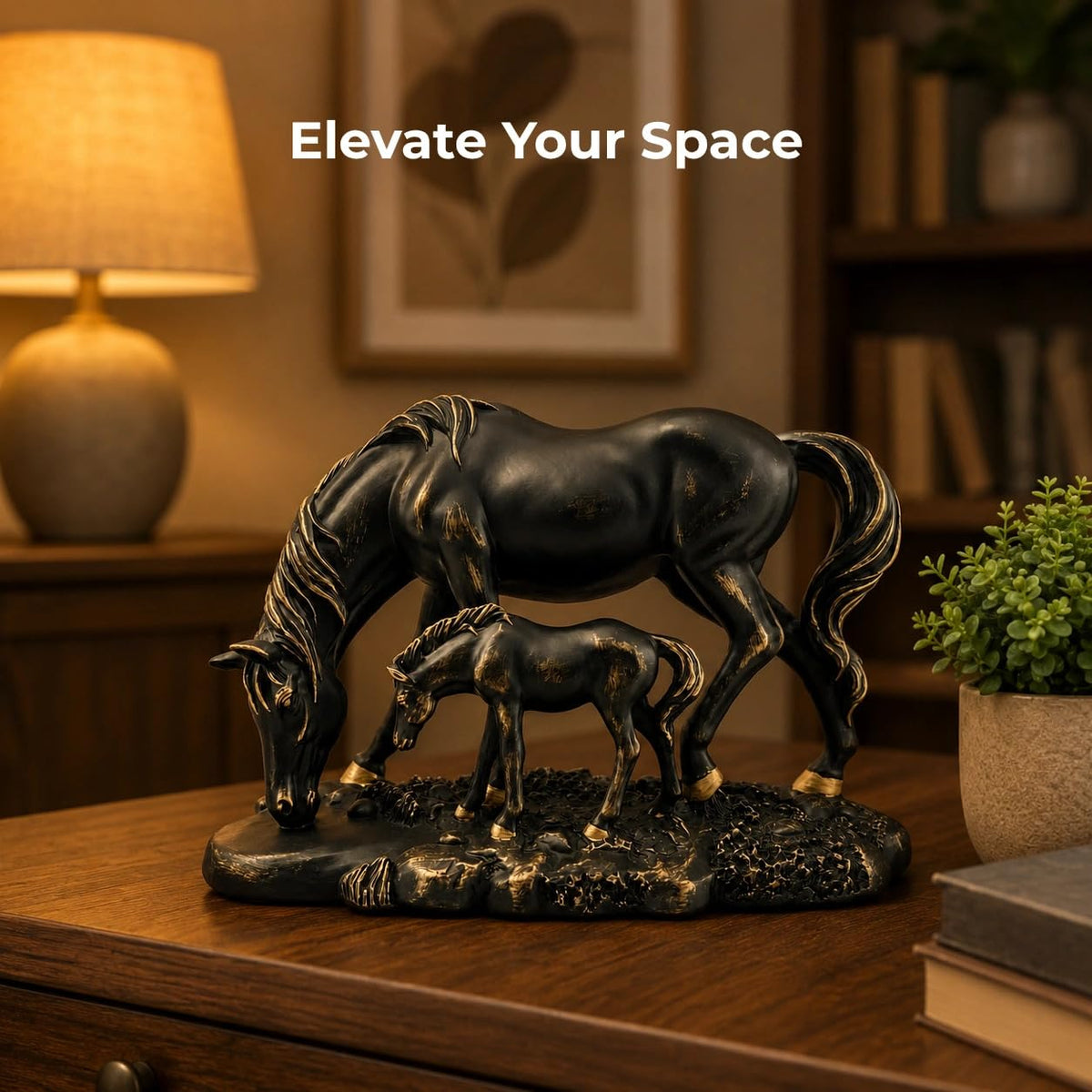 Graceful Mare & Foal Horse Sculpture Showpiece for Home & Office Décor | Nature-Inspired Decorative Figurine for Living Room, Study, Shelf & Console Table Styling - Black