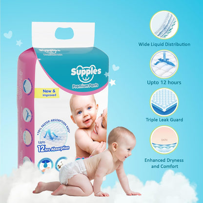 Supples Premium Baby Diaper Pants | 54 Baby Diapers | XL | 12-17 Kg | 12 Hrs Absorption | Cushiony Cotton Soft Fabric | Phthalates-Free | Triple Leak Guard