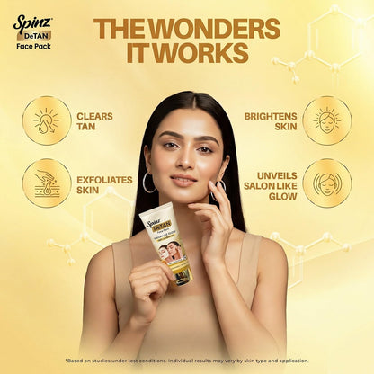 Spinz DeTan Face Pack with Besan, Honey & Kojic Acid | Tan Removal cream for Brightening & Glow | Salon-like Glow in 15 mins | 100gm