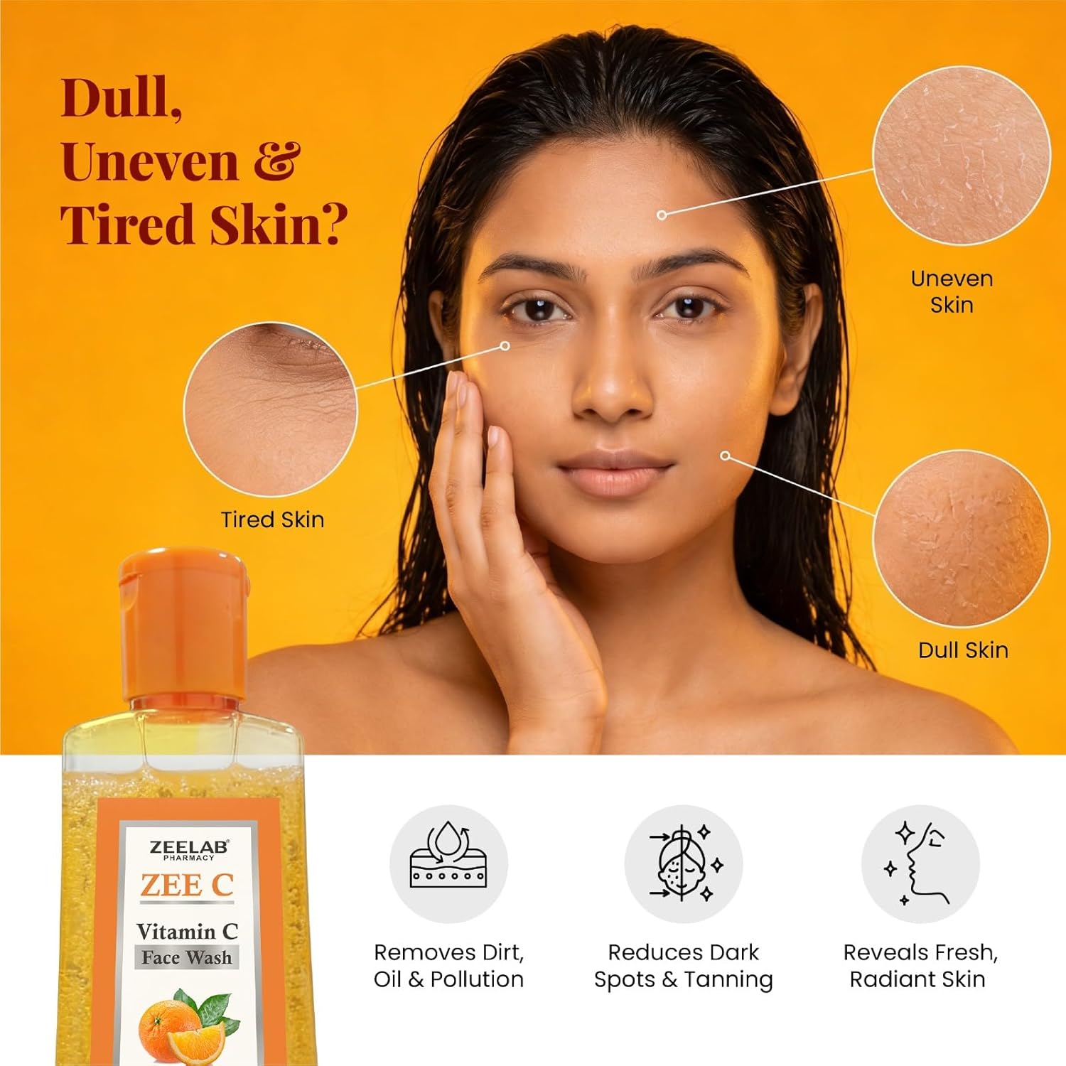 Woman with skin issues on an orange background with Zee Lab Zee C Face Wash product.