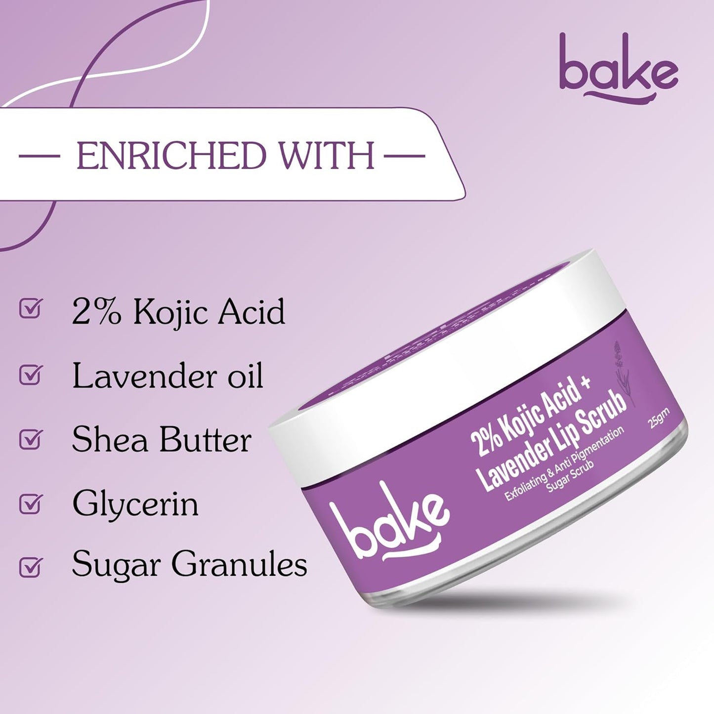 BAKE 2% Kojic Acid Lavender Lip Scrub for Dark, Pigmented Lips with Sugar Granules for Dry & Pink Lips, For Men & Women - 25g
