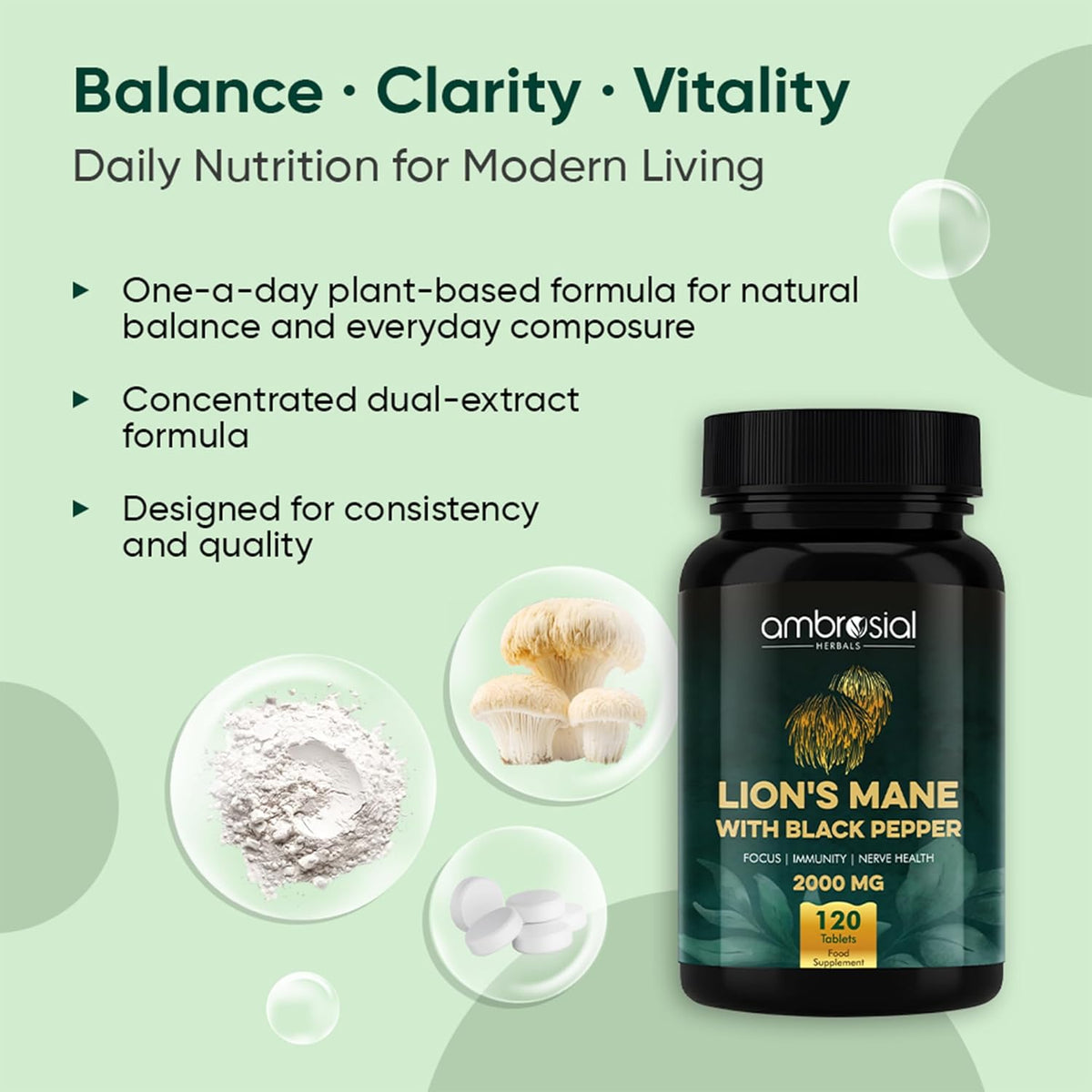 Ambrosial Lions Mane with Black Pepper supplement bottle on a green background with product details.