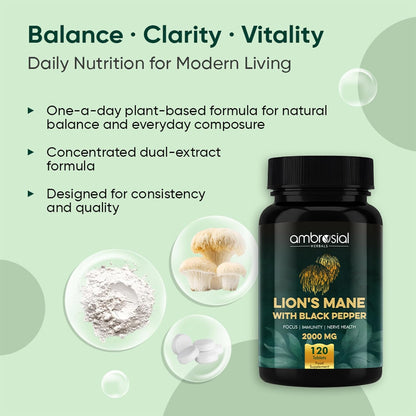 Ambrosial Lions Mane with Black Pepper supplement bottle on a green background with product details.