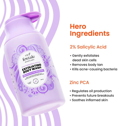 FoxTale 2% Salicylic Acid Exfoliating Body Wash With Zinc Pca|Reduces Body Acne, Strawberry Skin & Ingrown Hair|Smoothens Uneven Texture In 28 Days|Body Wash Men & Women|Exfoliating Shower Gel|250 Ml