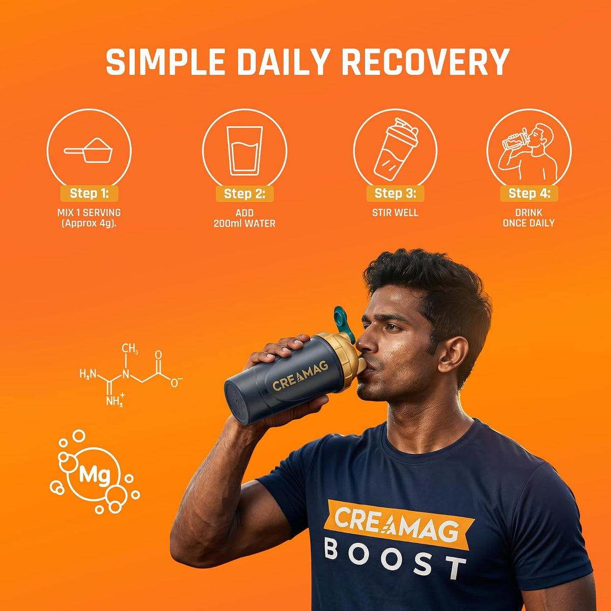Naturaltein Creamag Boost Creatine 3g + Magnesium Bisglycinate 130mg Supplement Powder, Orange Flavour, Supports Strength, Energy & Recovery, 100g (20 Servings)