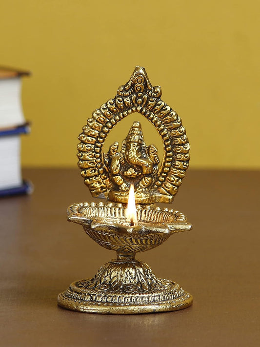 Golden Metal Handcrafted Lord Ganesha Idol 5 Wicks Decorative Diya for Diwali Housewarming Ganesh Chaturthi - Diya for Puja Room, Home Temple Decor - Diwali Decoration Item for Home Decor