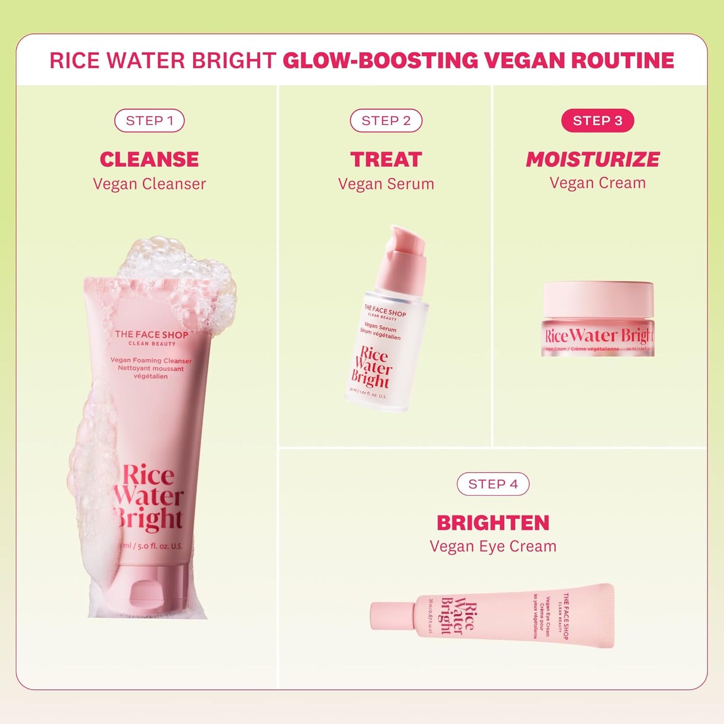 Rice Water Bright skincare routine with products and steps on a light green background