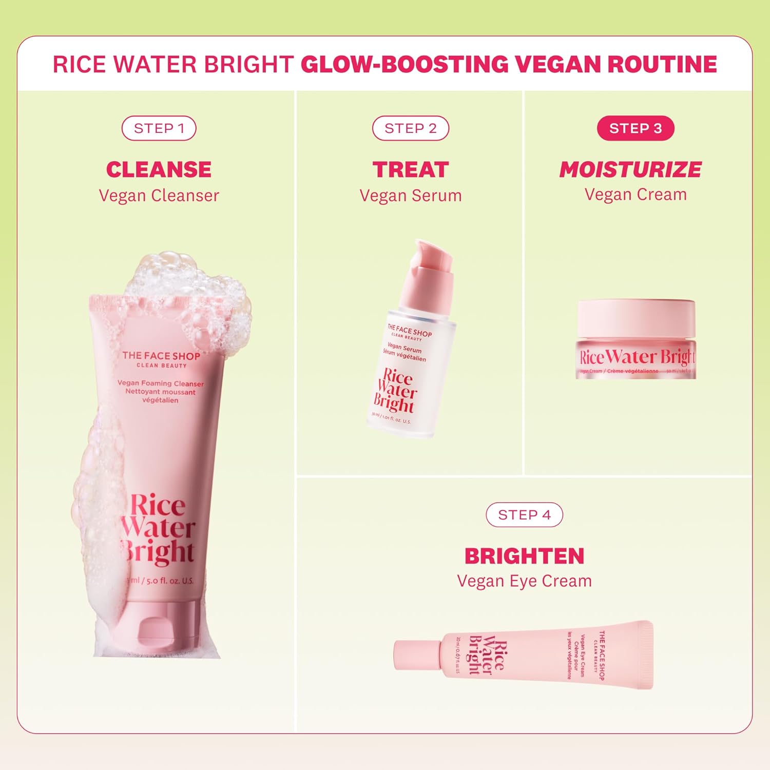 Rice Water Bright skincare routine with products and steps on a light green background
