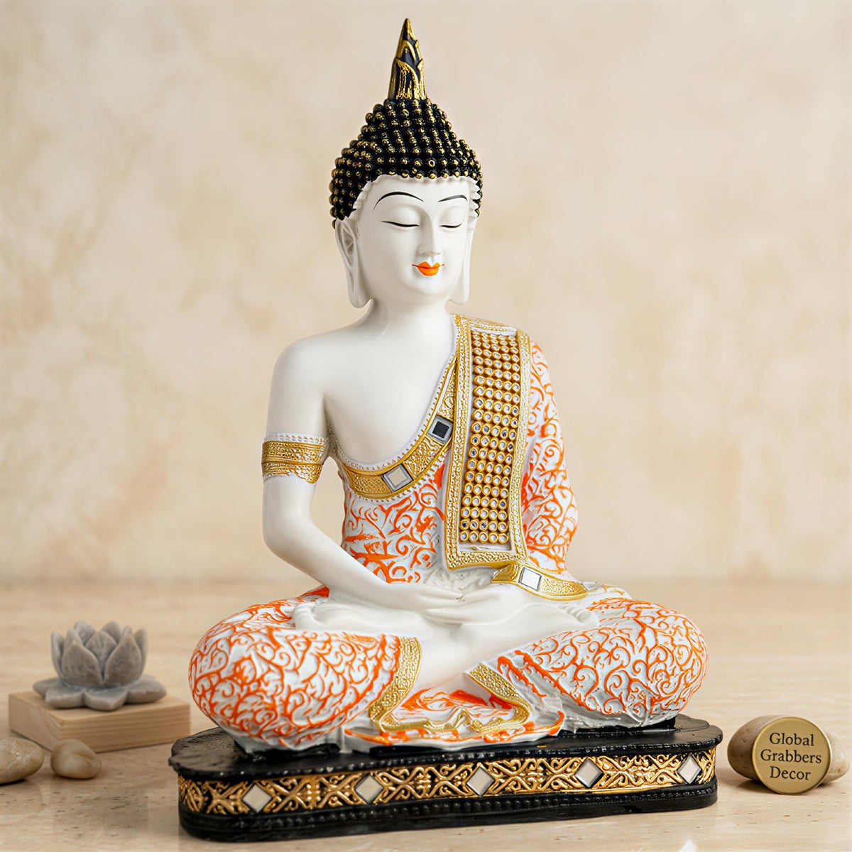 New Limited Edition 25 Centimetre Meditating Sitting Buddha Idol Statue showpiece Home Decor Decoration Items for Living Room and Gifts (Orange1 White)