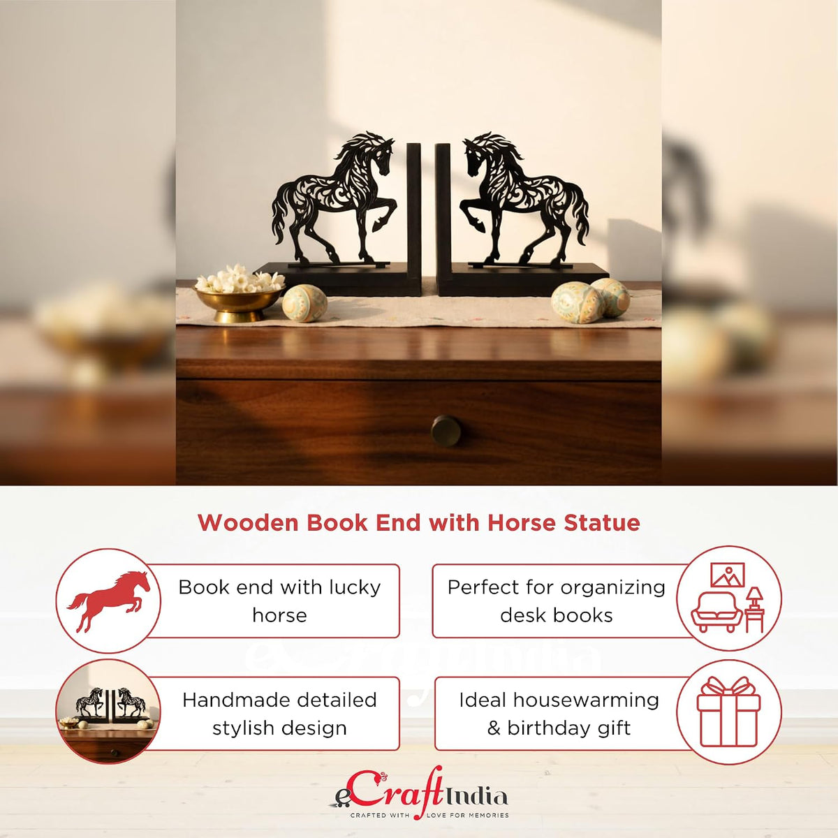 eCraftIndia Wooden Book End with Horse Statue for Good Luck Showpiece for Home Decor Office Table | Gift for Housewarming Birthday