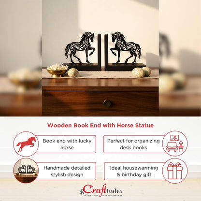 eCraftIndia Wooden Book End with Horse Statue for Good Luck Showpiece for Home Decor Office Table | Gift for Housewarming Birthday