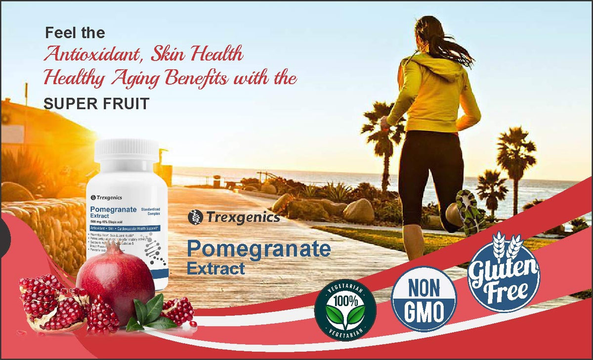Promotional banner for Trexgenics Pomegranate Extract with a person running by the ocean.
