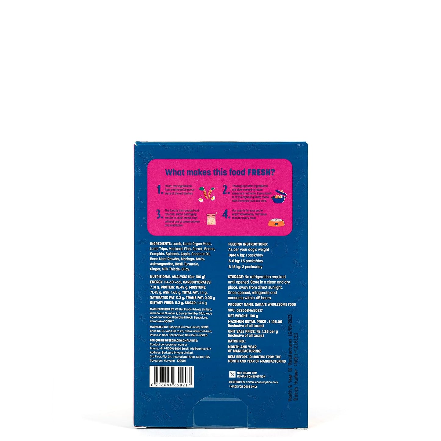 Sara's Wholesome Food by HUFT Grain-Free Lamb & Apple Dog Food – 100 gm | Human Grade Ingredients | Gluten Free | Balanced Meal | Suitable for Adults & Puppies, Complete Nutrition