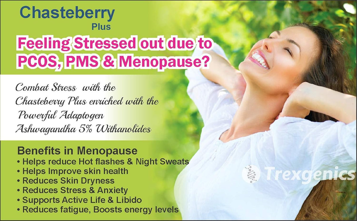 Advertisement for Chasteberry Plus with a woman relaxing outdoors, featuring Trexgenics branding.