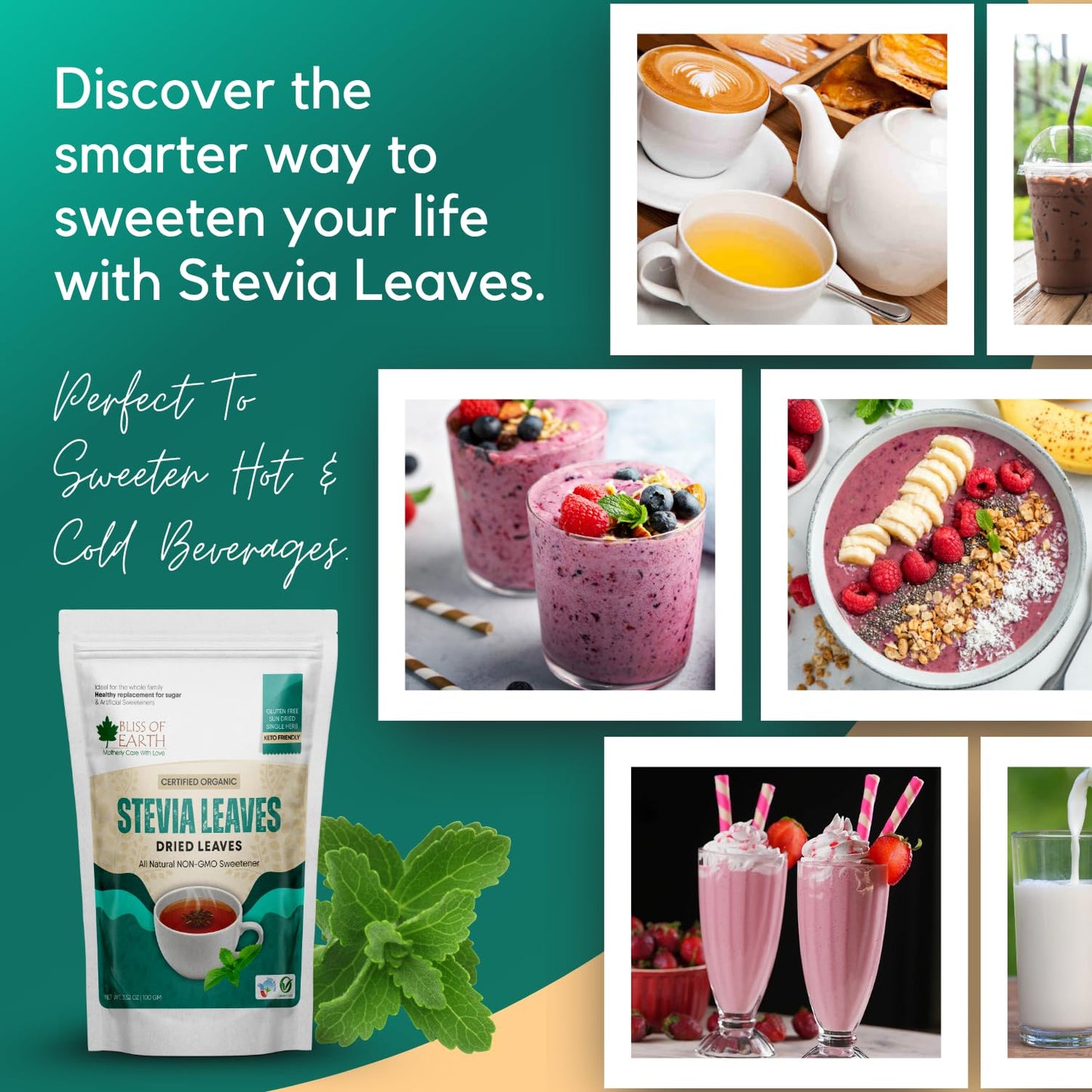 Bliss of Earth Organic Stevia Leaves Dried, Natural & Sugarfree, Best Taste, 100GM