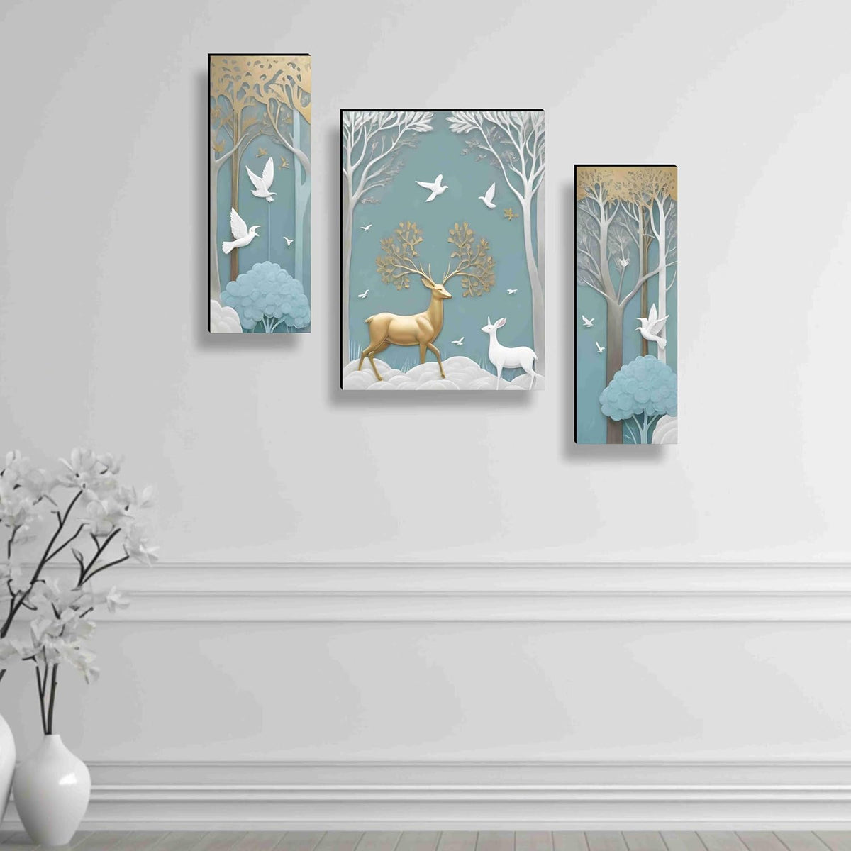 deer Paintings for Wall Decoration - Set Of 3, 3d modern art Painting for Living Room Large Size with Frames for Home, Office painting 50.8 cm x 30.48 cm SANFJM36036-Engineered Wood