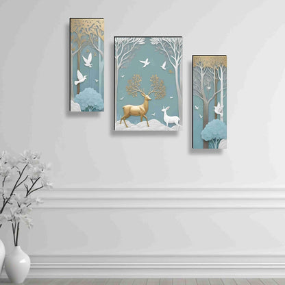 deer Paintings for Wall Decoration - Set Of 3, 3d modern art Painting for Living Room Large Size with Frames for Home, Office painting 50.8 cm x 30.48 cm SANFJM36036-Engineered Wood