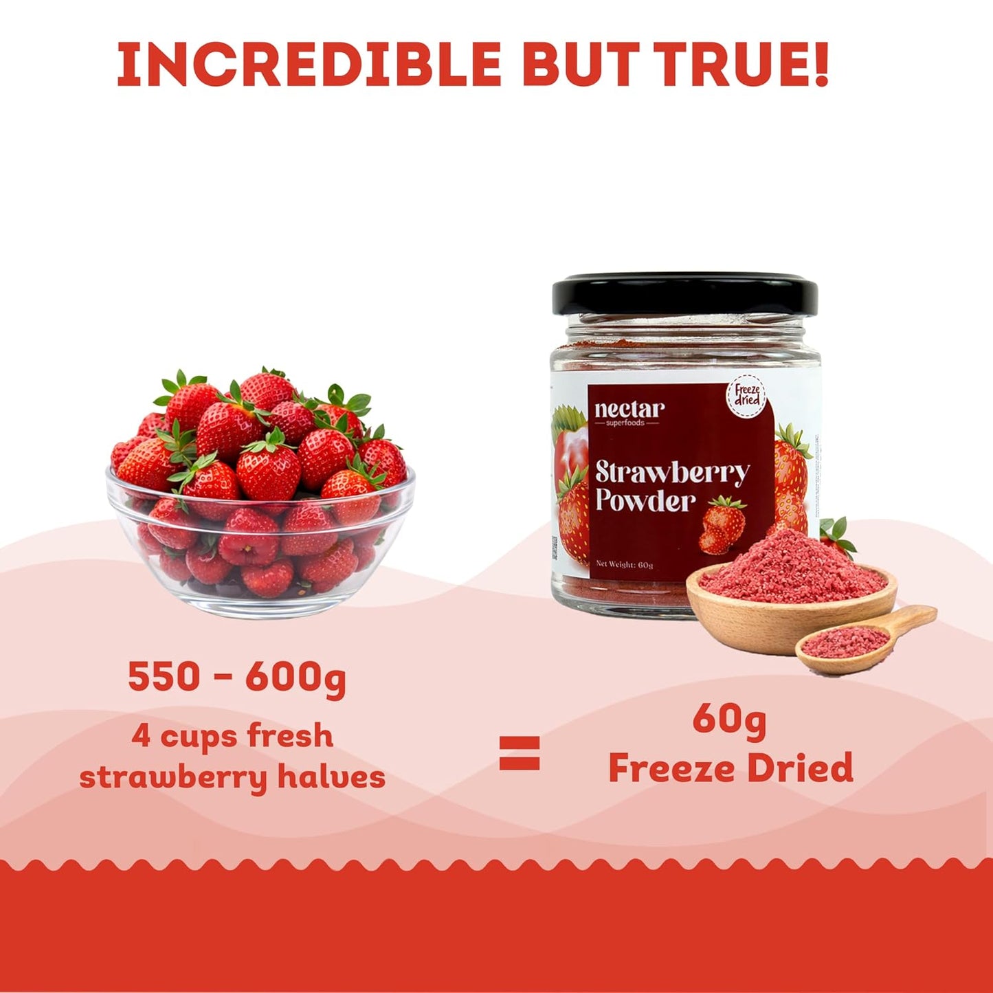 Freeze Dried Strawberry Powder- 60 grams Jar-Pack of 1 Nos | 100% Natural | No Added Sugar, Preservative-Free & Vegan | Processed in India