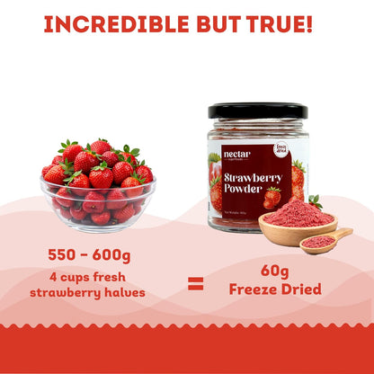 Freeze Dried Strawberry Powder- 60 grams Jar-Pack of 1 Nos | 100% Natural | No Added Sugar, Preservative-Free & Vegan | Processed in India