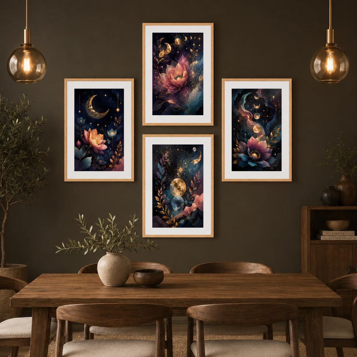 Set of 4 Celestial Moon Lotus Floral Wall Paintings with Sparkle Laminate and Premium Wooden Synthetic Frame for Living Room Bedroom Office Decor (13.5 x 19.5 Inch)
