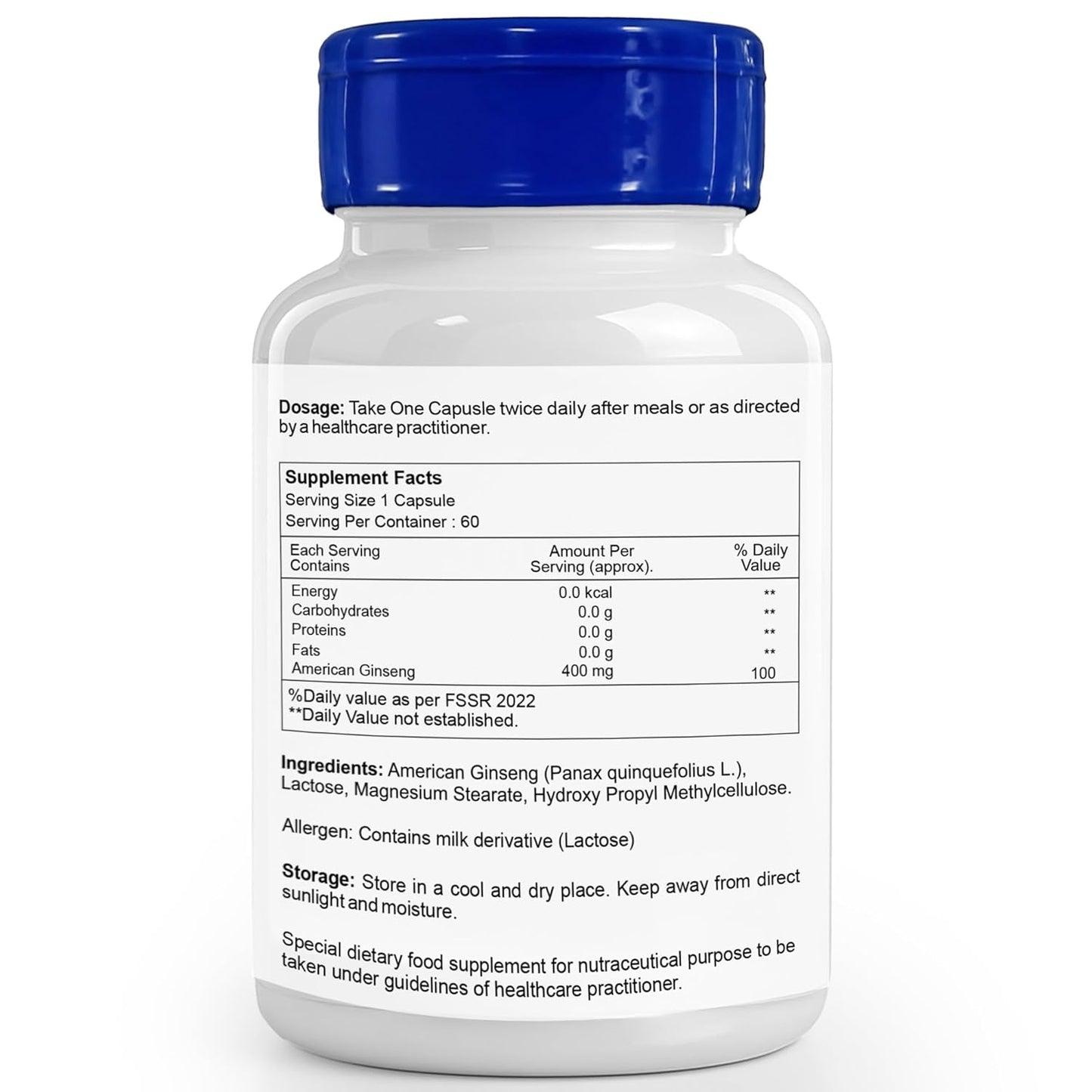Supplement bottle with blue cap and white label on a white background