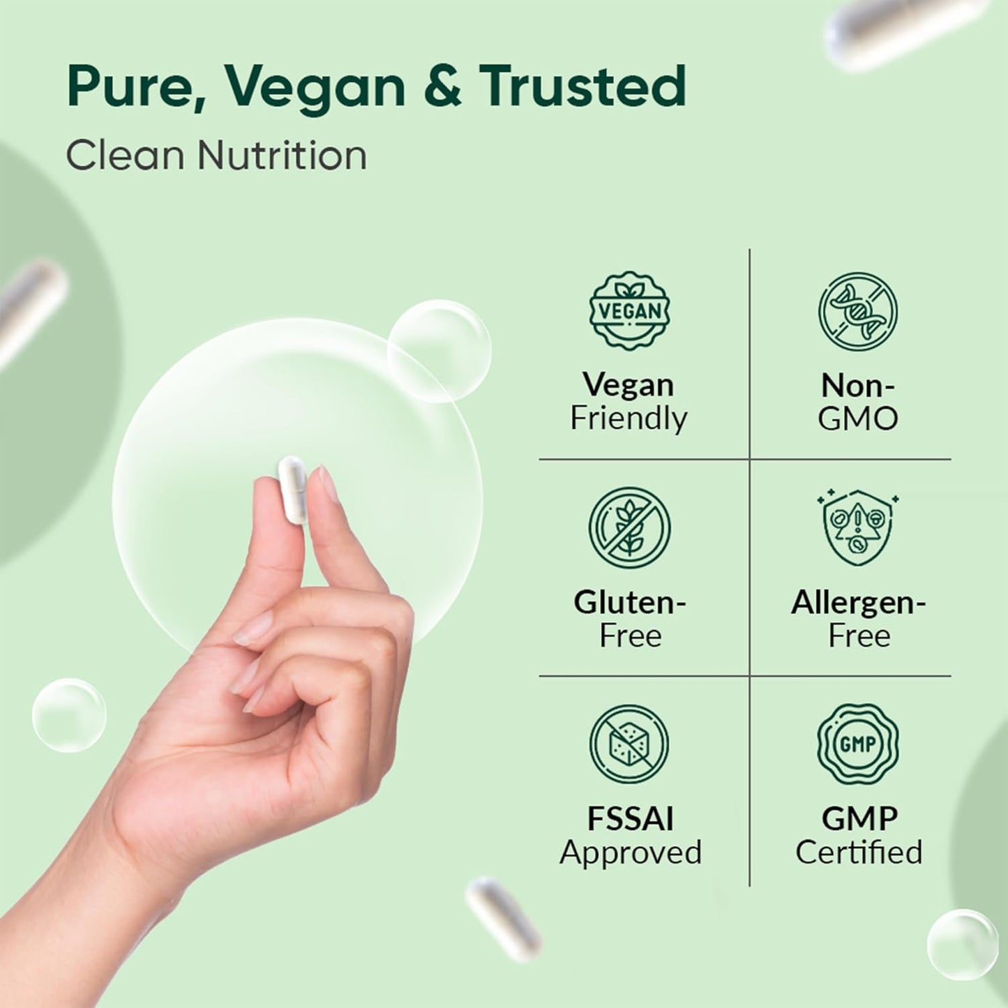Hand holding a product with certification icons for vegan, non-GMO, gluten-free, allergen-free, FSSAI approved, and GMP certified on a green background.