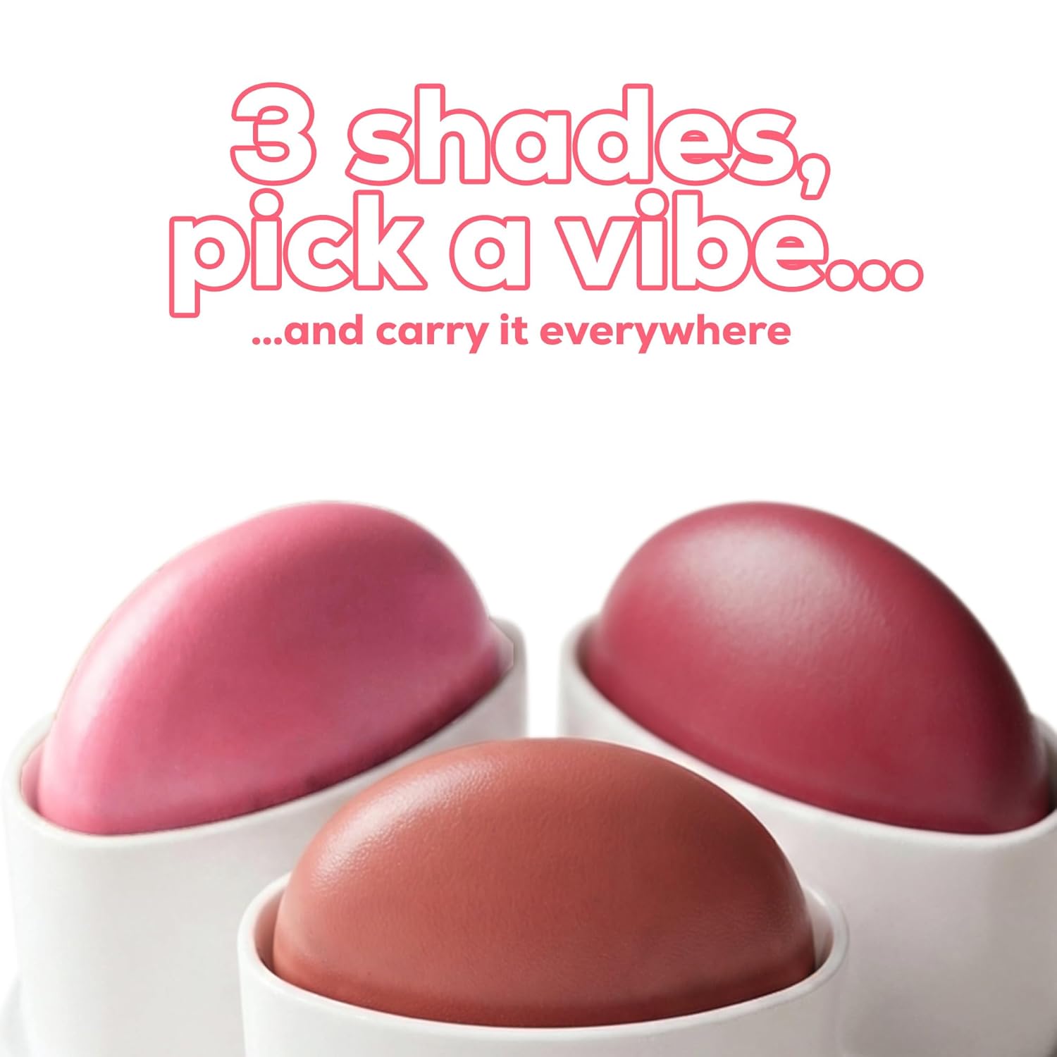 Three lip balm sticks in different shades on a white background with text.