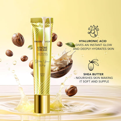 FACES CANADA Strobe Cream Mini- Gold, 18ml | Primer + Highlighter + Moisturizer | Shea Butter & Hyaluronic Acid | Intense Hydration | Flawless Radiant Dewy Skin | Illuminating & Glowing Makeup Base