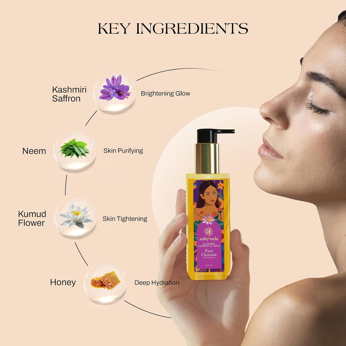 Ashpveda Ayurvedic Face Wash Cleanser with Kashmiri Saffron & Neem Gentle Exfoliating Cleanser, Removes Oil & Dirt, Hydrates & Refreshes Skin (100ml)